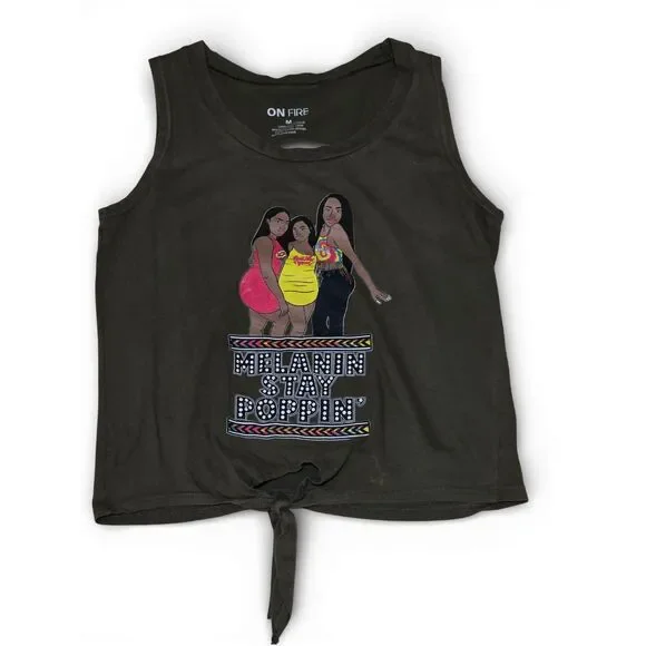 Teen Graphic Tie-Front Tank Top | Sleeveless Casual Top | Size M - Picture 5 of 15